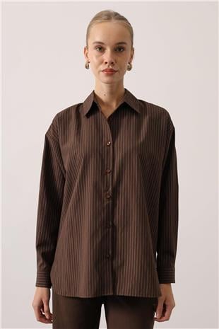 Kadın KAHVE Çizgili Oversize Gömlek VS01624