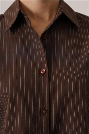 Kadın KAHVE Çizgili Oversize Gömlek VS01624