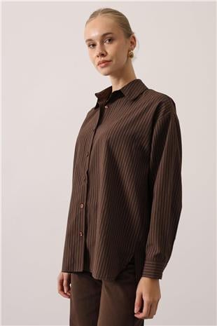 Kadın KAHVE Çizgili Oversize Gömlek VS01624