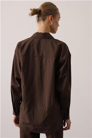 Kadın KAHVE Çizgili Oversize Gömlek VS01624