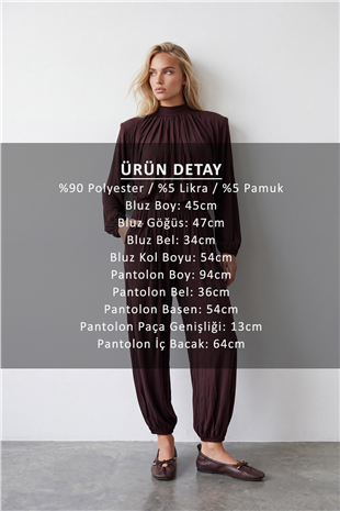 Kadın Kahve Dik Yaka Büzgü Detaylı Bluz Ve Dökümlü Pantolon Takım Alc-X15782
