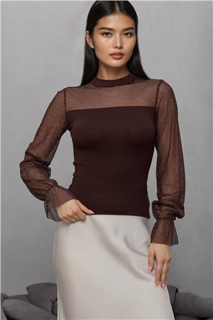 Kadın Kahve Dik Yaka Taş İşlemeli Dantel Detaylı Örme Bluz Alc-X14898