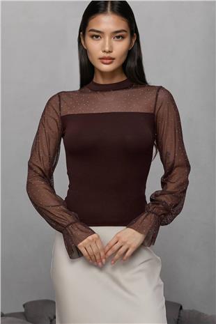 Kadın Kahve Dik Yaka Taş İşlemeli Dantel Detaylı Örme Bluz Alc-X14898