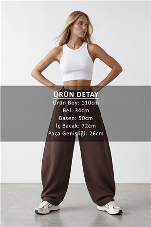 Kadın Kahve Katlamalı Yüksel Bel 3 İplik İçi Şardonlu Baggy Eşofman Altı Alc-X15887