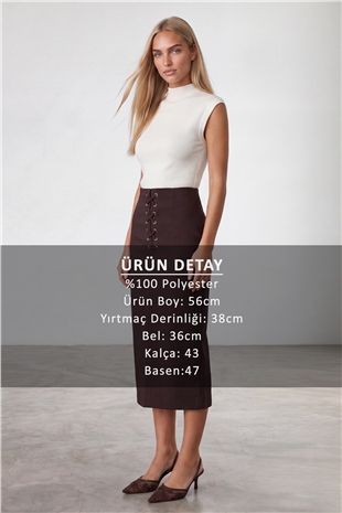 Kadın Kahve Kuş Gözü Detaylı İçi Astarlı Yırtmaçlı Ve Midi Boy Etek Alc-X15954