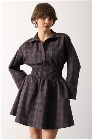 Kadın Kahve-Mavi Gömlek Yaka Geniş Manşetli Bağlama Detayli Mini Dokuma Elbise Alc-X15204