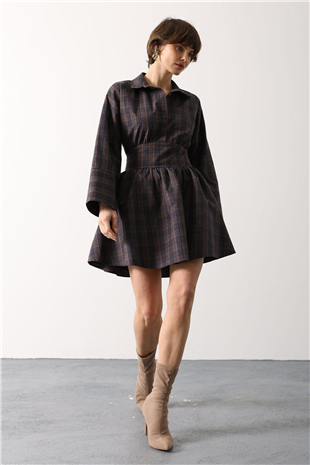 Kadın Kahve-Mavi Gömlek Yaka Geniş Manşetli Bağlama Detayli Mini Dokuma Elbise Alc-X15204