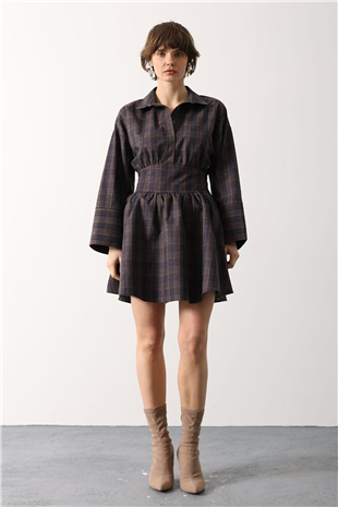 Kadın Kahve-Mavi Gömlek Yaka Geniş Manşetli Bağlama Detayli Mini Dokuma Elbise Alc-X15204