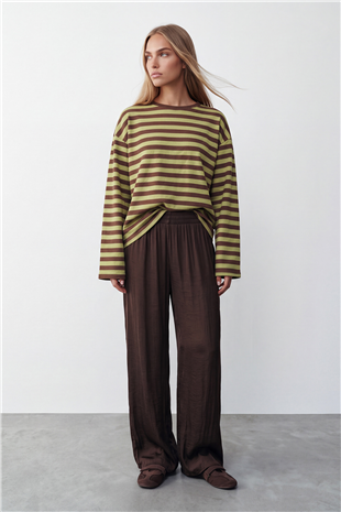 Kadın Kahve Ribana Bisiklet Yakalı Çizgili Oversize Sweatshirt Alc-X15870