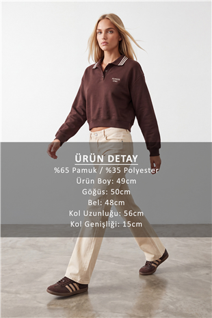 Kadın Kahve Ribana Polo Yakalı Nakış Detaylı Şardonlu Üç İplik Sweatshirt Alc-X15960