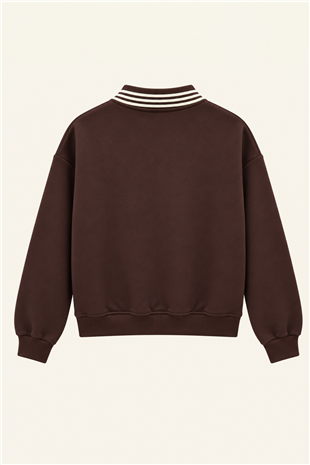 Kadın Kahve Ribana Polo Yakalı Nakış Detaylı Şardonlu Üç İplik Sweatshirt Alc-X15960