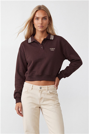 Kadın Kahve Ribana Polo Yakalı Nakış Detaylı Şardonlu Üç İplik Sweatshirt Alc-X15960