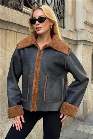 Kadın KAHVE SİYAH Çift Cepli İçi Suni Kürklü Suni Deri Biker Ceket PRM0408