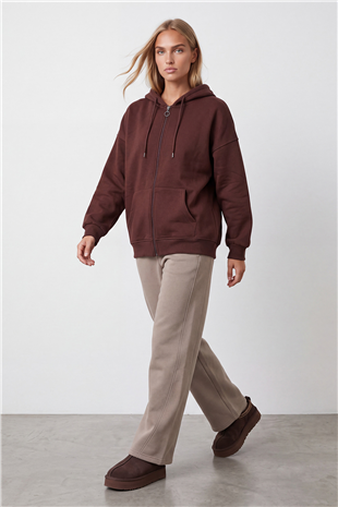 Kadın Kahve Üç İplik Şardonlu Oversize Sweatshirt Alc-X15945