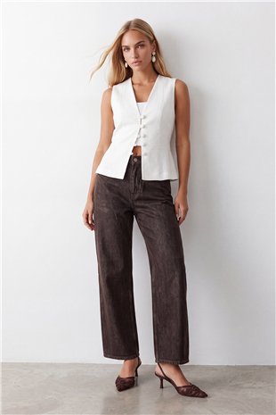 Kadın Kahve Yüksek Bel Parlak Kaplamalı Wide Leg Pantolon Alc-X15813