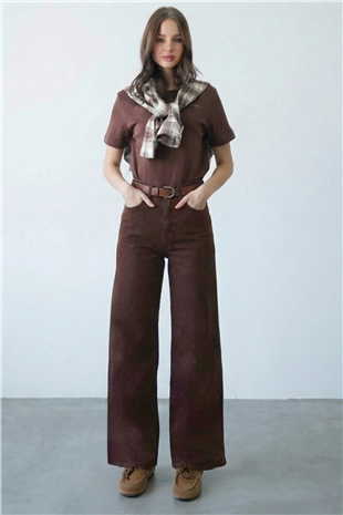 Kadın Kahverengi 5 Cepli Yüksek Bel Jean Palazzo Pantolon Alc-X15143