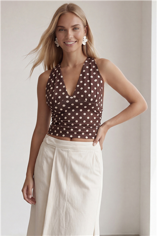 Kadın Kahverengi Askılı Drape Detaylı Puantiyeli Crop Bluz Alc-X15484