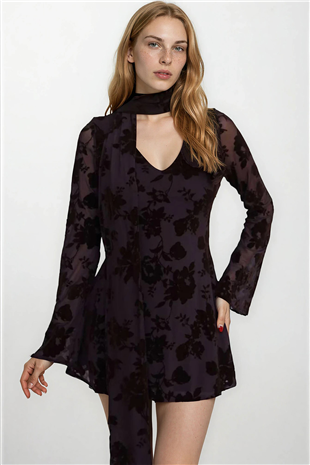 Kadın Kahverengi Atkı Detaylı İçi Astarlı Mini Dantel Elbise Alc-X15302