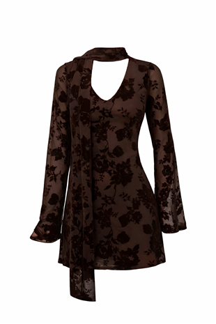 Kadın Kahverengi Atkı Detaylı İçi Astarlı Mini Dantel Elbise Alc-X15302