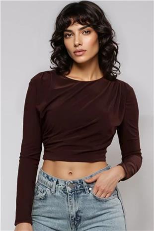 Kadın Kahverengi Bisiklet Yaka Aksesuar Ve Drape Detaylı Sandy Crop Blluz Alc-X14961