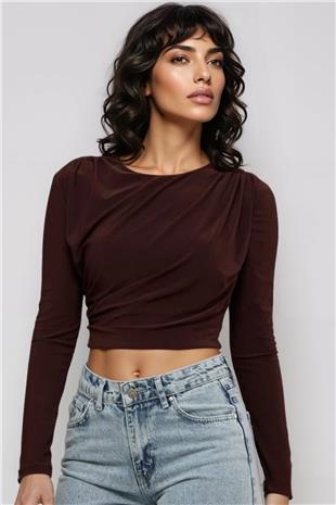 Kadın Kahverengi Bisiklet Yaka Aksesuar Ve Drape Detaylı Sandy Crop Blluz Alc-X14961