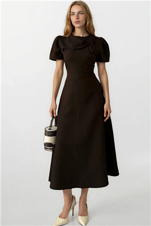 Kadın Kahverengi Bisiklet Yaka Fiyonk Tasarımlı Maxi Boy Dokuma Elbise Alc-X15304