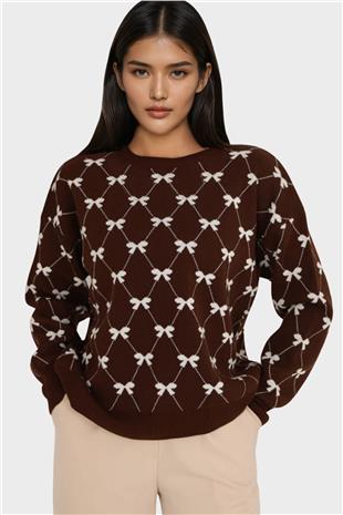 Kadın Kahverengi Bisiklet Yaka Kurdale Desenli Triko Kazak Alc-X14822