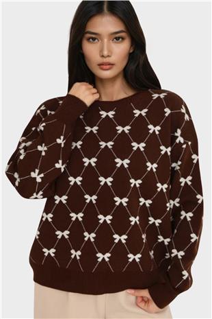 Kadın Kahverengi Bisiklet Yaka Kurdale Desenli Triko Kazak Alc-X14822