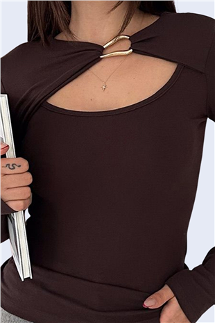 Kadın Kahverengi Bisiklet Yaka Out-Cut Detaylı Metal Aksesuarlı Bluz Alc-X15148