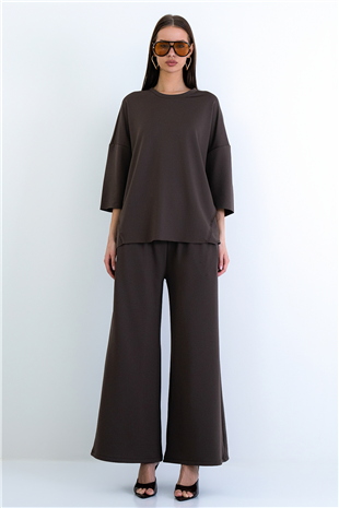 Kadın Kahverengi Bisiklet Yaka Truvakar Kol Modal Bluz Ve Çift Cepli Pantolon Takım Alc-X15234