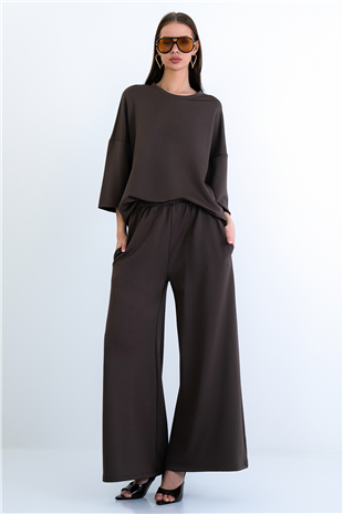Kadın Kahverengi Bisiklet Yaka Truvakar Kol Modal Bluz Ve Çift Cepli Pantolon Takım Alc-X15234