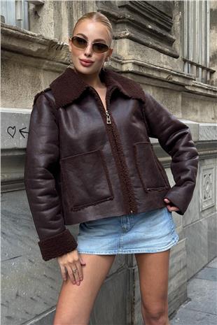 Kadın KAHVERENGİ Çift Cepli İçi Suni Kürklü Suni Deri Biker Ceket PRM0408