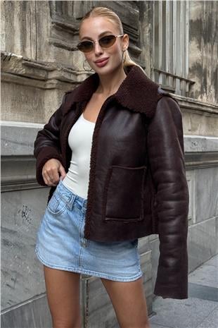 Kadın KAHVERENGİ Çift Cepli İçi Suni Kürklü Suni Deri Biker Ceket PRM0408