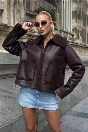 Kadın KAHVERENGİ Çift Cepli İçi Suni Kürklü Suni Deri Biker Ceket PRM0408
