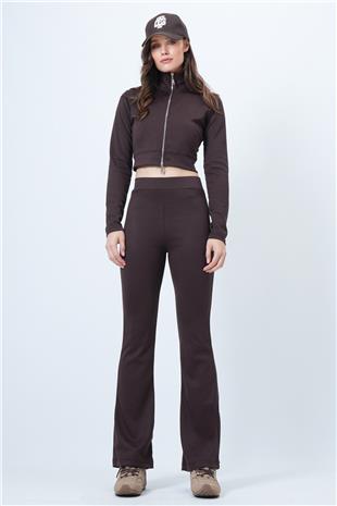 Kadın KAHVERENGİ Çift Fermuarlı Ceket İspanyol Paça Takım VS01552