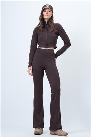 Kadın KAHVERENGİ Çift Fermuarlı Ceket İspanyol Paça Takım VS01552