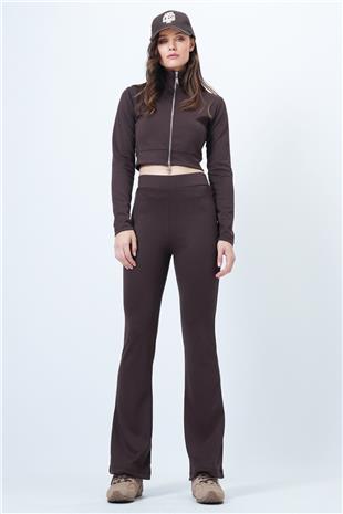 Kadın KAHVERENGİ Çift Fermuarlı Ceket İspanyol Paça Takım VS01552