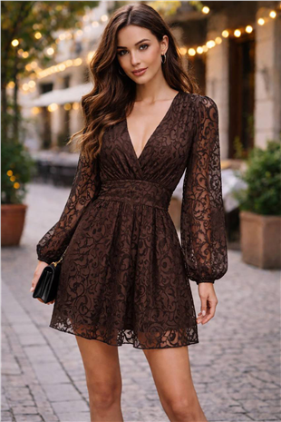 Kadın Kahverengi Derin V Yaka İçi Astarlı Dantel Elbise Alc-X15195