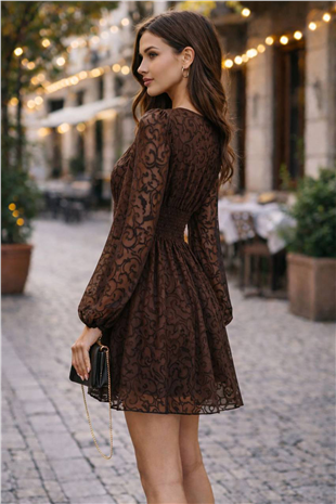 Kadın Kahverengi Derin V Yaka İçi Astarlı Dantel Elbise Alc-X15195
