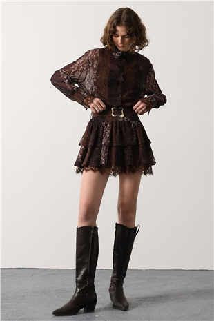 Kadın Kahverengi Desenli Dantel Detaylı Mini Elbise Alc-X15073