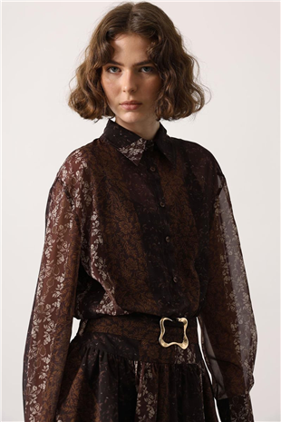 Kadın Kahverengi Desenli Dantel Detaylı Mini Elbise Alc-X15073