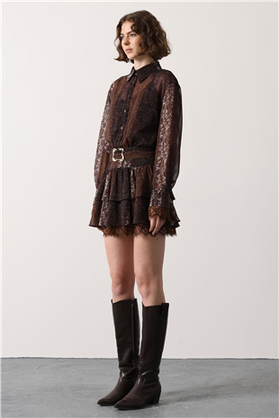 Kadın Kahverengi Desenli Dantel Detaylı Mini Elbise Alc-X15073