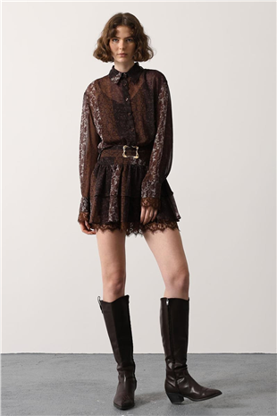 Kadın Kahverengi Desenli Dantel Detaylı Mini Elbise Alc-X15073