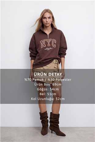 Kadın Kahverengi Dik Yaka Fermuarlı 3 İplik İçi Şardonlu Ve Nakışlı Sweatshirt Alc-X15725