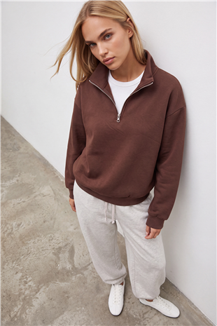 Kadın Kahverengi Dik Yaka Fermuarlı 3 İplik İçi Şardonlu Oversize Sweatshirt Alc-X15729