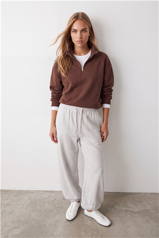 Kadın Kahverengi Dik Yaka Fermuarlı 3 İplik İçi Şardonlu Oversize Sweatshirt Alc-X15729