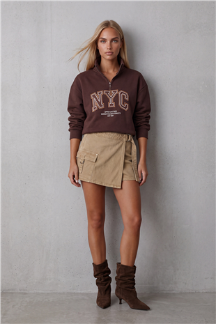 Kadın Kahverengi Dik Yaka Fermuarlı 3 İplik İçi Şardonlu Ve Nakışlı Sweatshirt Alc-X15725