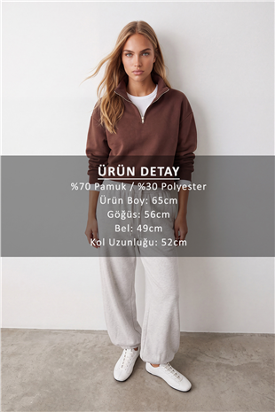 Kadın Kahverengi Dik Yaka Fermuarlı 3 İplik İçi Şardonlu Oversize Sweatshirt Alc-X15729