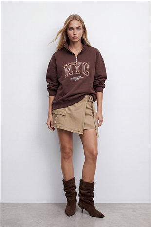 Kadın Kahverengi Dik Yaka Fermuarlı 3 İplik İçi Şardonlu Ve Nakışlı Sweatshirt Alc-X15725