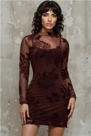 Kadın Kahverengi Dik Yaka İçi Askılı Örme Dışı Tül Mini Elbise Alc-X14951